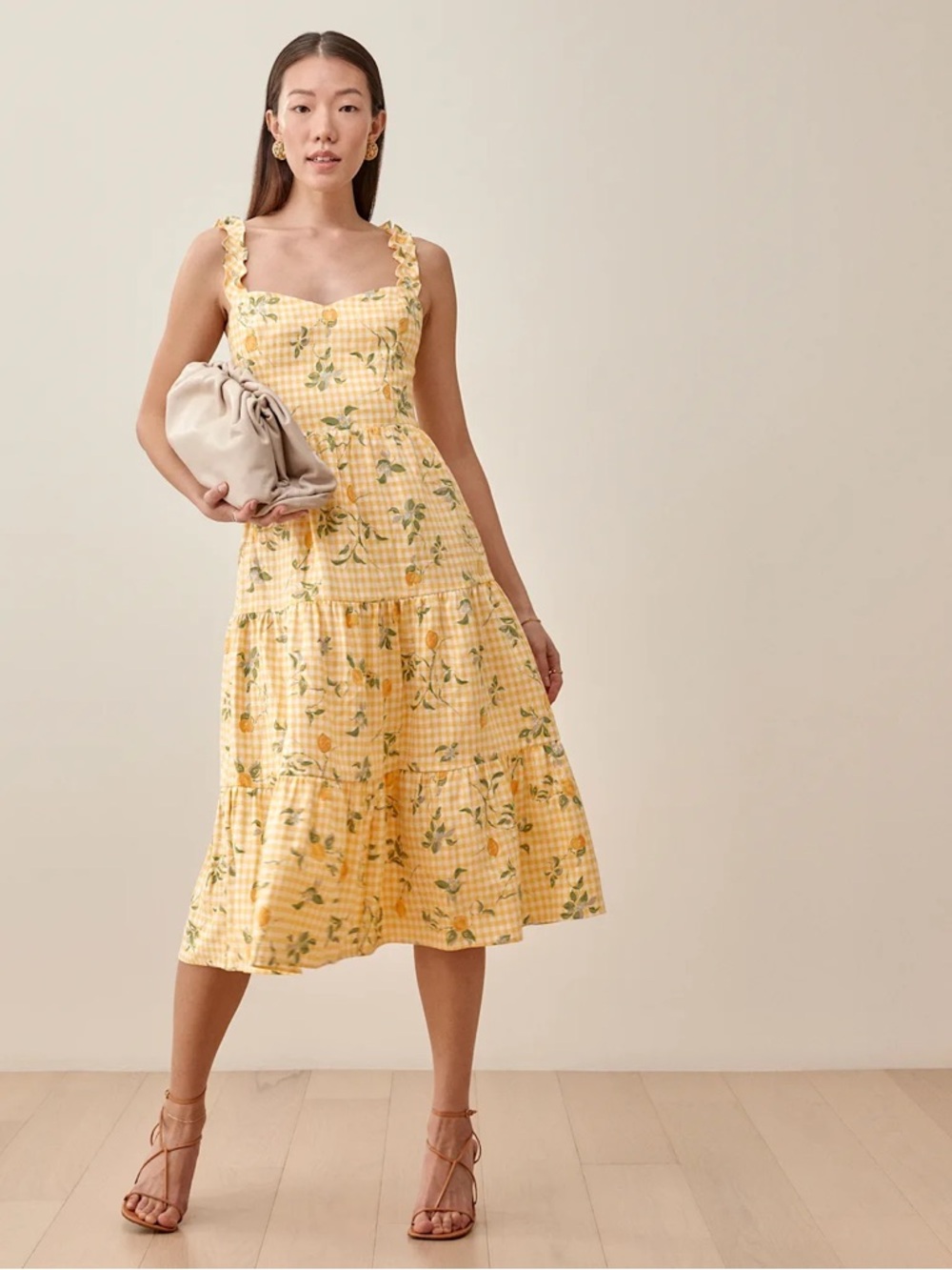 Reformation Montecito Yellow Gingham Lemon Floral Midi Dress